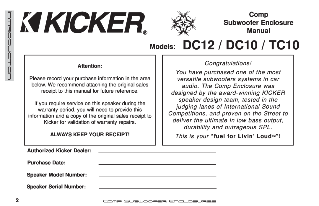 Kicker OC10, OC12 manual Models DC12 / DC10 / TC10, Comp Subwoofer Enclosure Manual, This is your “fuel for Livin’ Loud” 