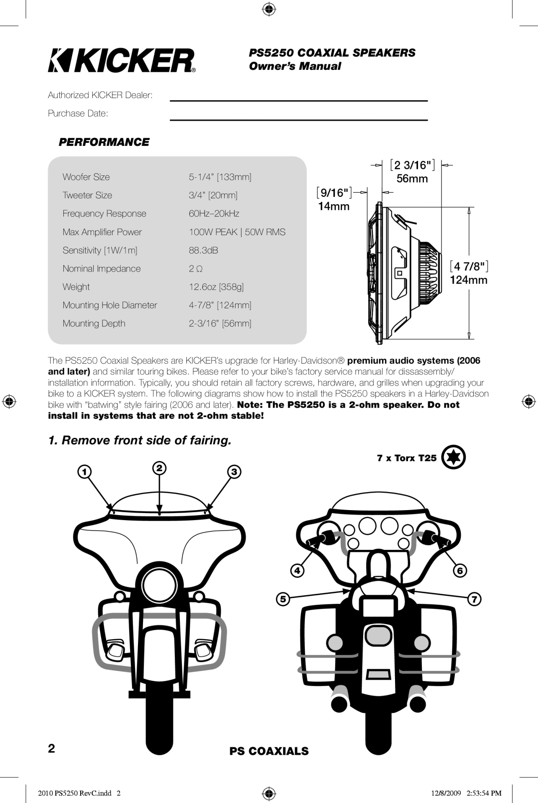 Kicker PS5250 manual Remove front side of fairing, Performance 