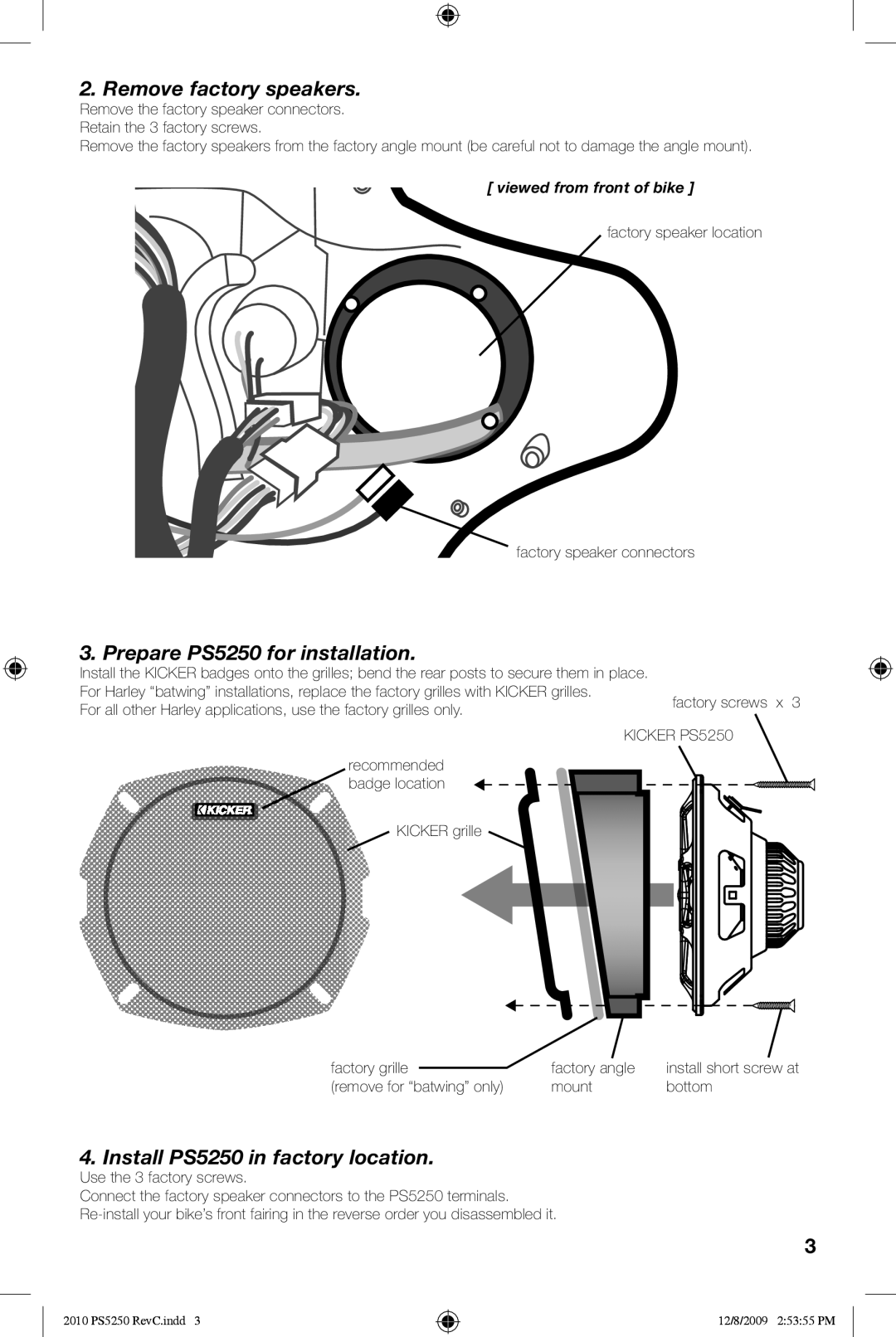 Kicker manual Remove factory speakers, Prepare PS5250 for installation, Install PS5250 in factory location 