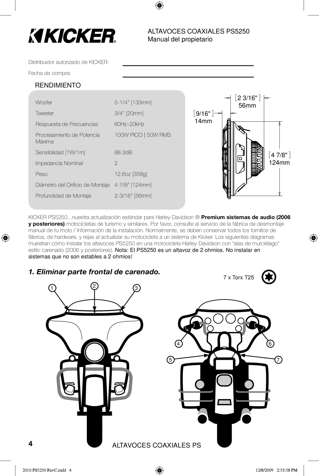 Kicker PS5250 manual Eliminar parte frontal de carenado, Rendimiento 