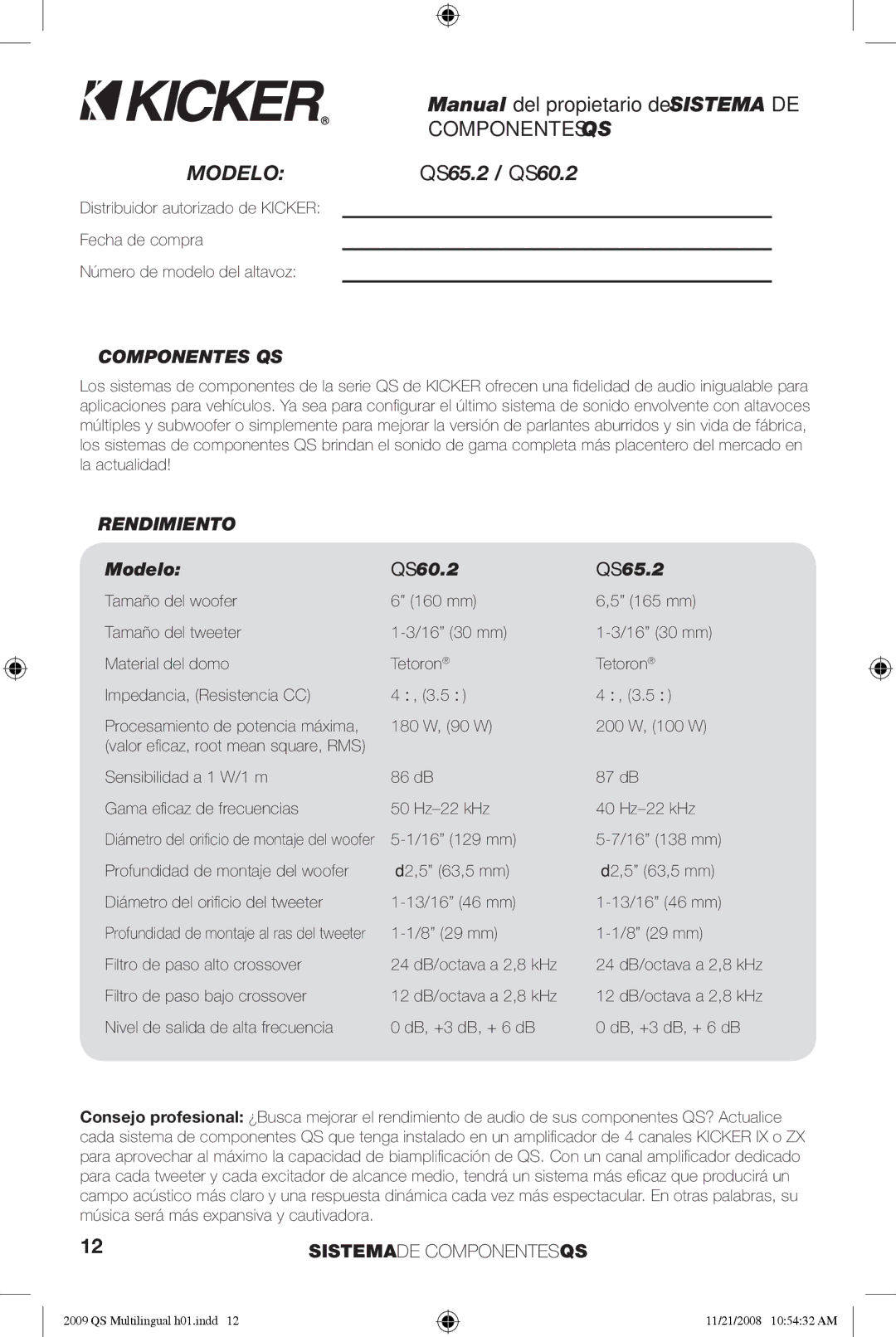 Kicker Componentes QS, Rendimiento, Modelo QS60.2 QS65.2, Filtro de paso bajo crossover 12 dB/octava a 2,8 kHz 