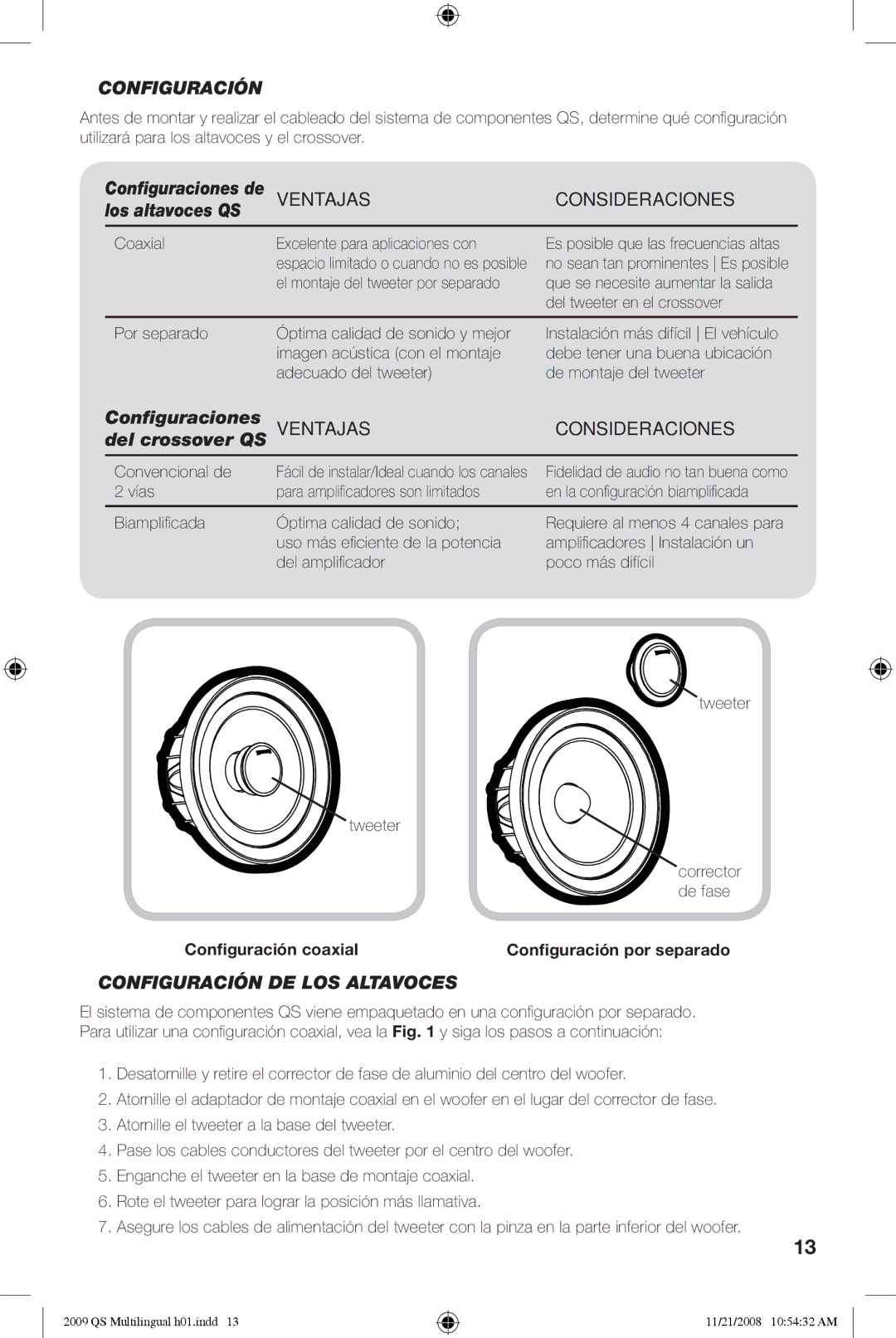 Kicker QS60.2, QS65.2 manuel dutilisation Ventajas Consideraciones, Configuración DE LOS Altavoces 