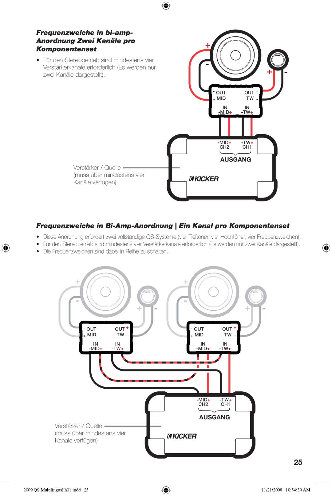 Kicker QS60.2, QS65.2 manuel dutilisation MID+-TW+ CH2 CH1 Leftausgangoutput 