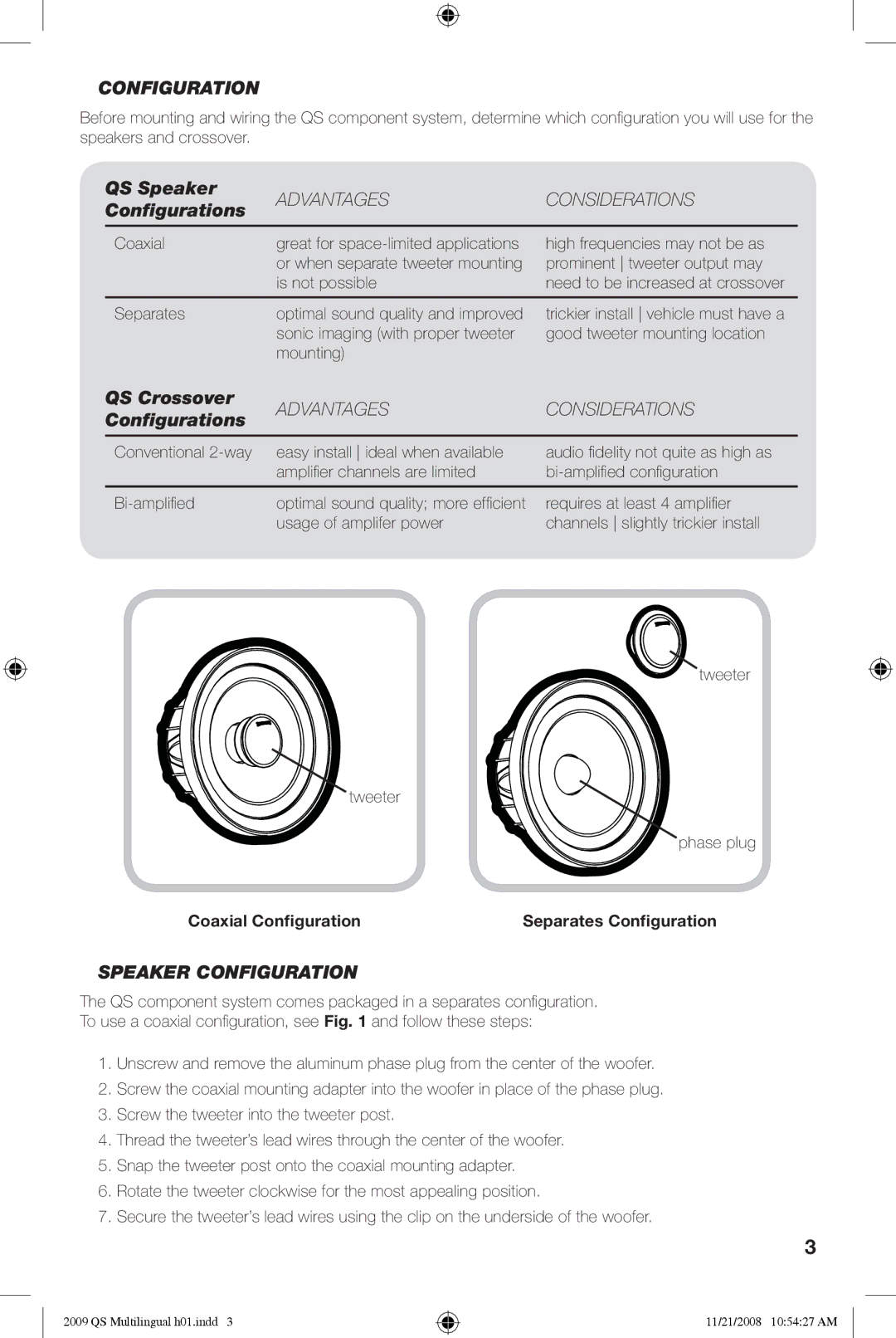 Kicker QS60.2, QS65.2 manuel dutilisation QS Speaker, Conﬁgurations, QS Crossover, Speaker Configuration 