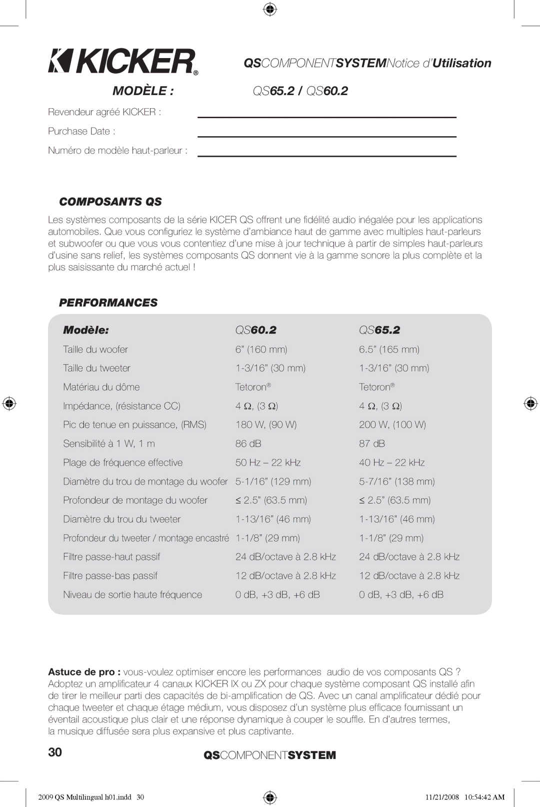 Kicker manuel dutilisation Composants QS, Performances, Modèle QS60.2 QS65.2 