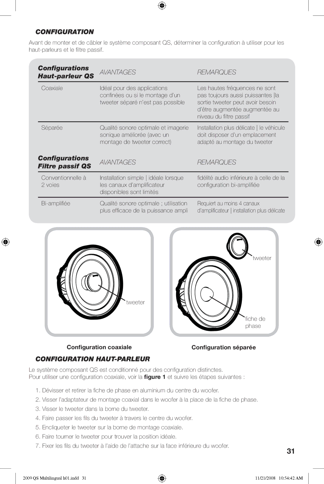 Kicker QS60.2, QS65.2 manuel dutilisation Avantages, Haut-parleur QS, Filtre passif QS, Configuration HAUT-PARLEUR 