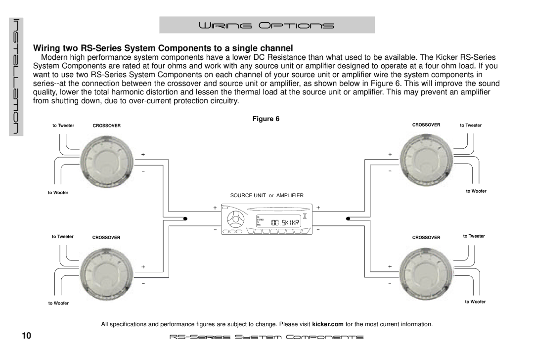 Kicker RS65.2, RS56.2 manual Wiring two RS-Series System Components to a single channel 