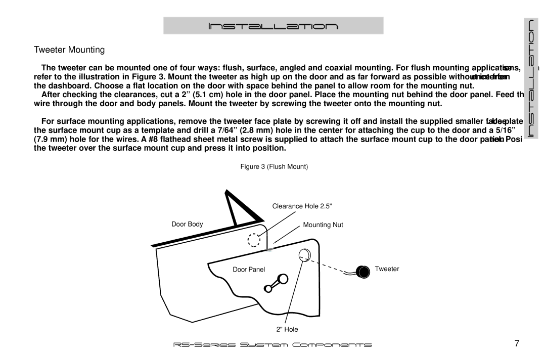 Kicker RS56.2, RS65.2 manual Tweeter Mounting, Flush Mount Clearance Hole Door Body Mounting Nut Door Panel 