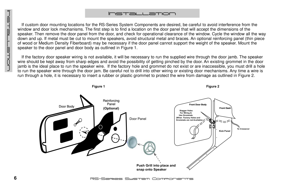 Kicker RS65.2 Installation, Optional, Door Panel, Push Grill into place and snap onto Speaker, When Factory Holes and 