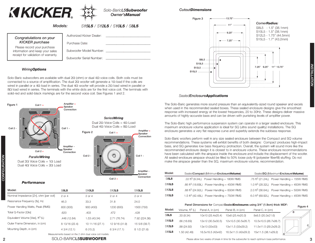 Kicker S12L5, S10L5, S8L5 Congratulations on your Kicker purchase, SealedEnclosureApplications, Configuration, Allation 