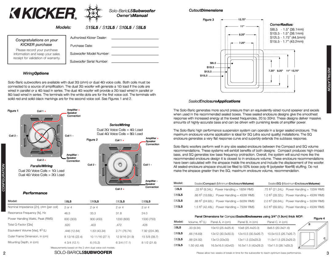 Kicker S12L5 Congratulations on your KICKER purchase, SealedEnclosureApplications, Configuration, Allation, WiringOptions 