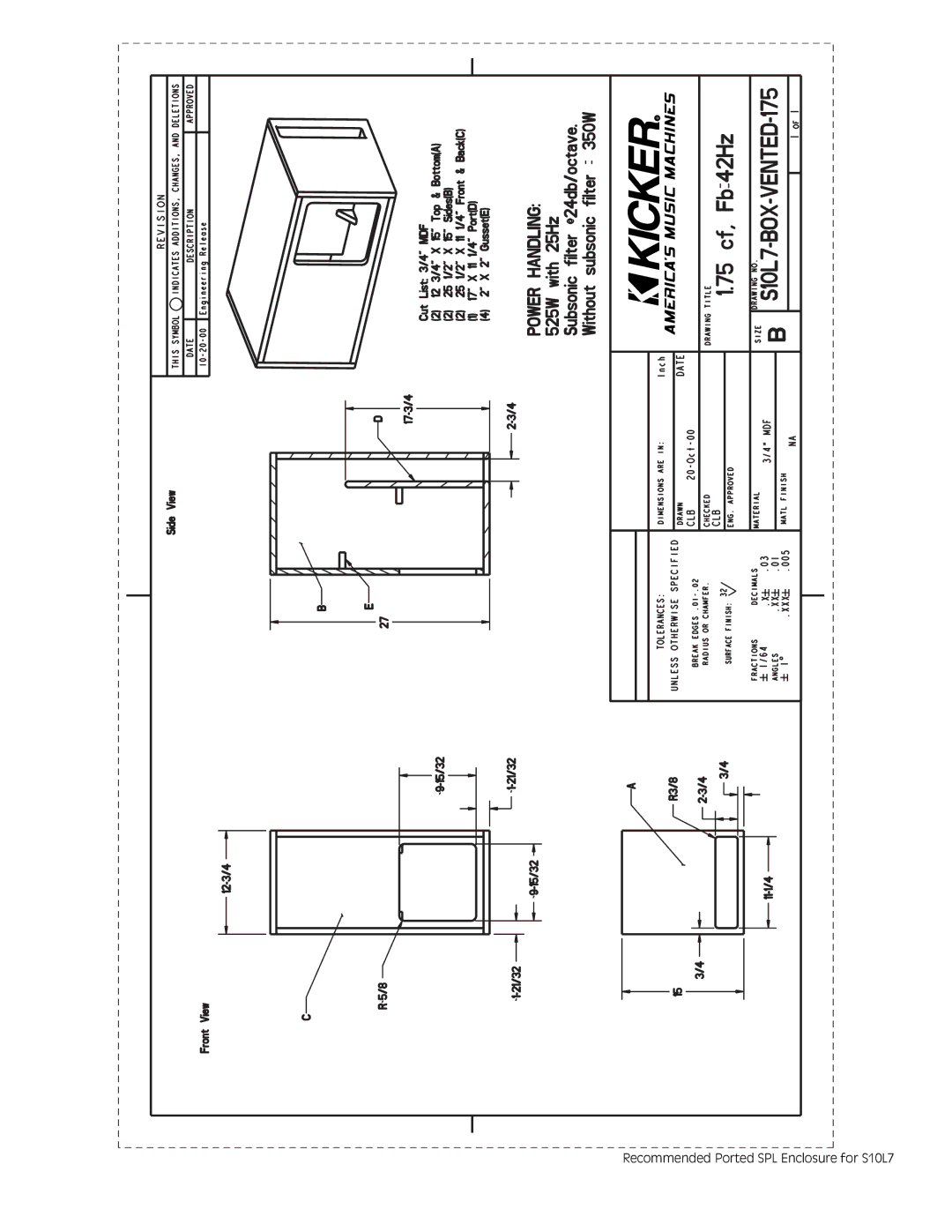 Kicker S8L7, S15L7, S12L7 specifications Recommended Ported SPL Enclosure for S10L7 