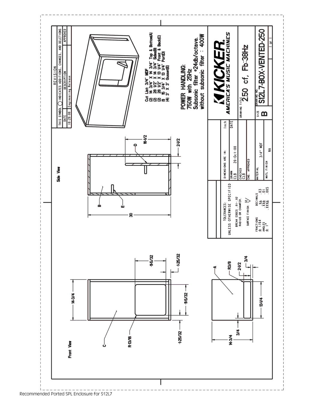 Kicker S15L7, S10L7, S8L7 specifications Recommended Ported SPL Enclosure for S12L7 