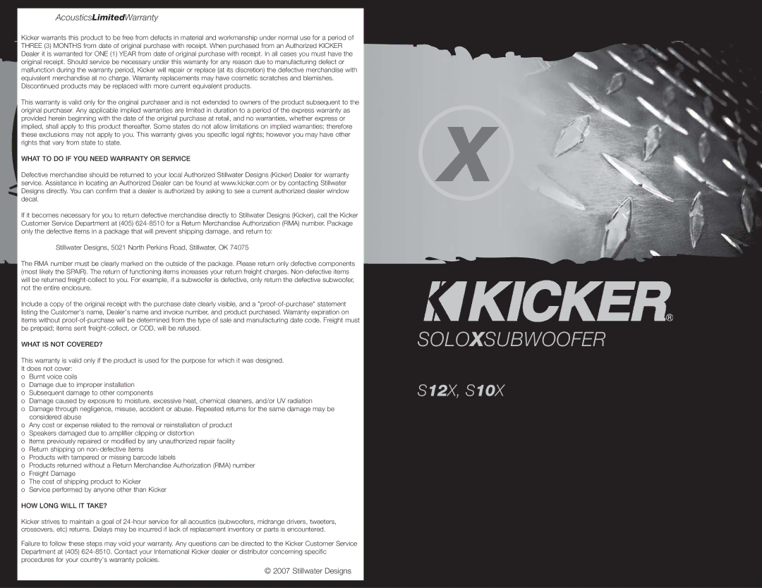 Kicker S10X warranty AcousticsLimitedWarranty, What to do if YOU Need Warranty or Service 