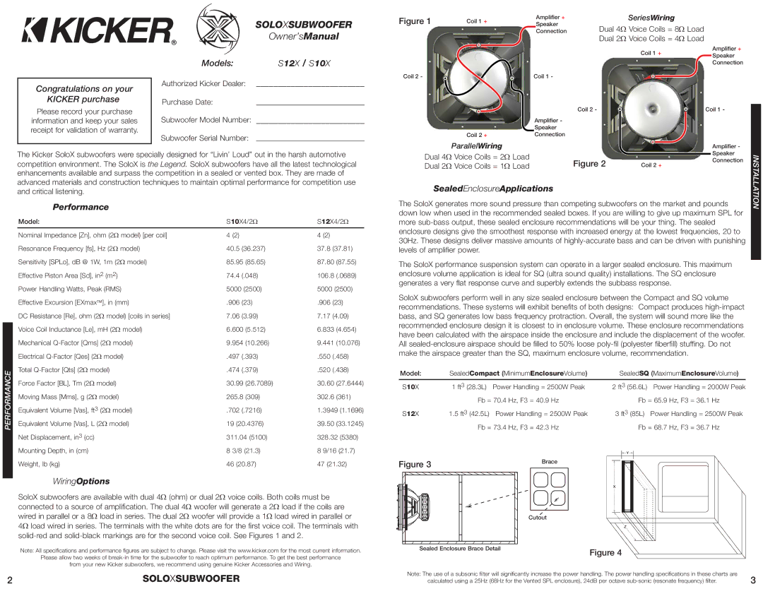 Kicker warranty Congratulations on your Kicker purchase, Models S12X / S10X, Performance, SealedEnclosureApplications 