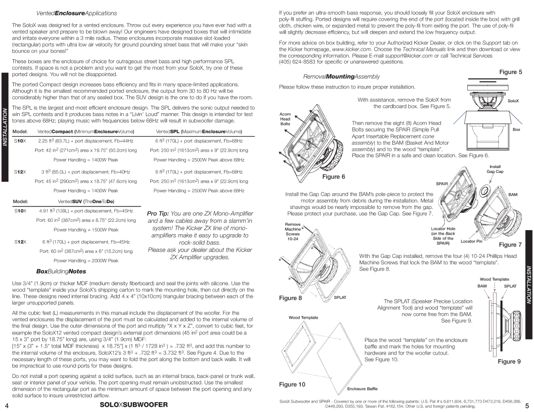 Kicker S10X warranty VentedEnclosureApplications, BoxBuildingNotes, RemovalMountingAssembly 