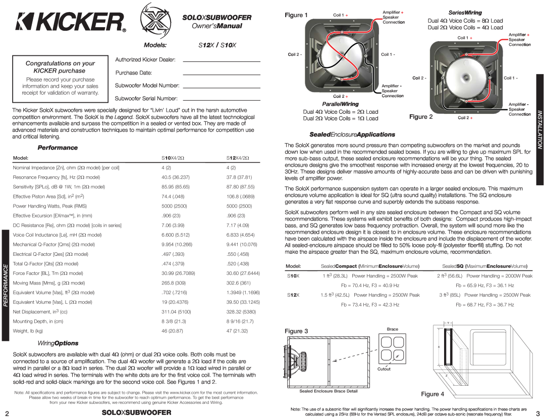 Kicker warranty Soloxsubwoofer, Congratulations on your KICKER purchase, Models, S12X / S10X, Performance, WiringOptions 