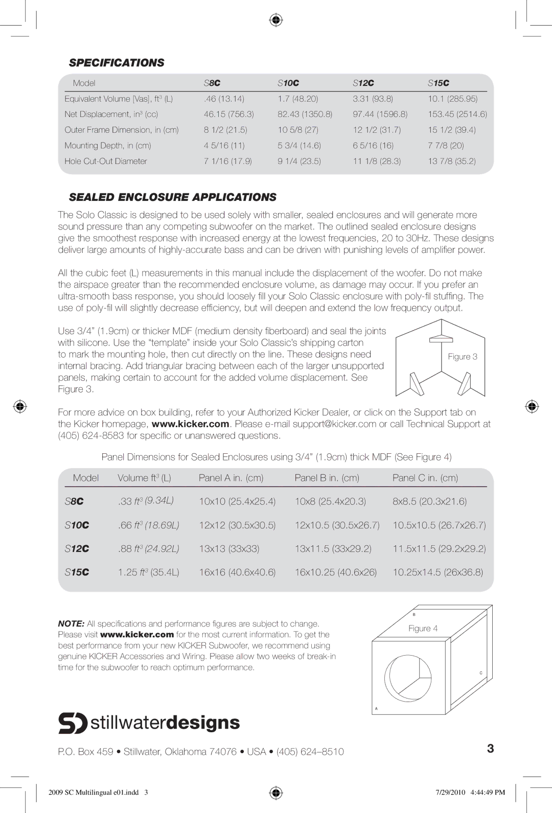 Kicker manuel dutilisation Sealed Enclosure Applications, S8C S10C S12C S15C 