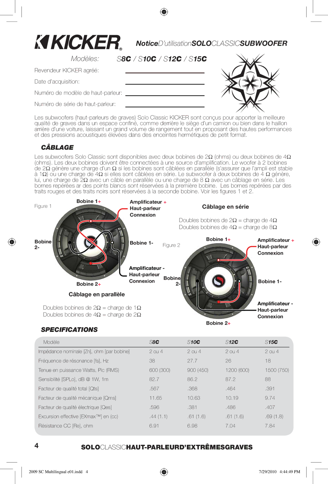 Kicker S12C, S10C, S8C, S15C manuel dutilisation Câblage en série, Câblage en parallèle 