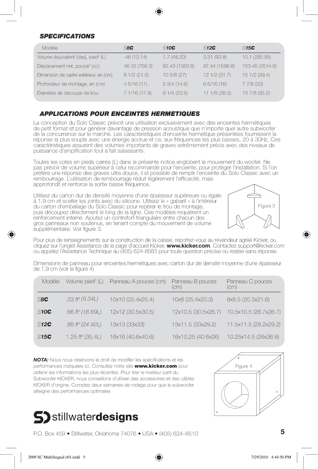 Kicker S10C, S12C, S8C, S15C manuel dutilisation StillwaterdesignsA, Applications Pour Enceintes Hermetiques 