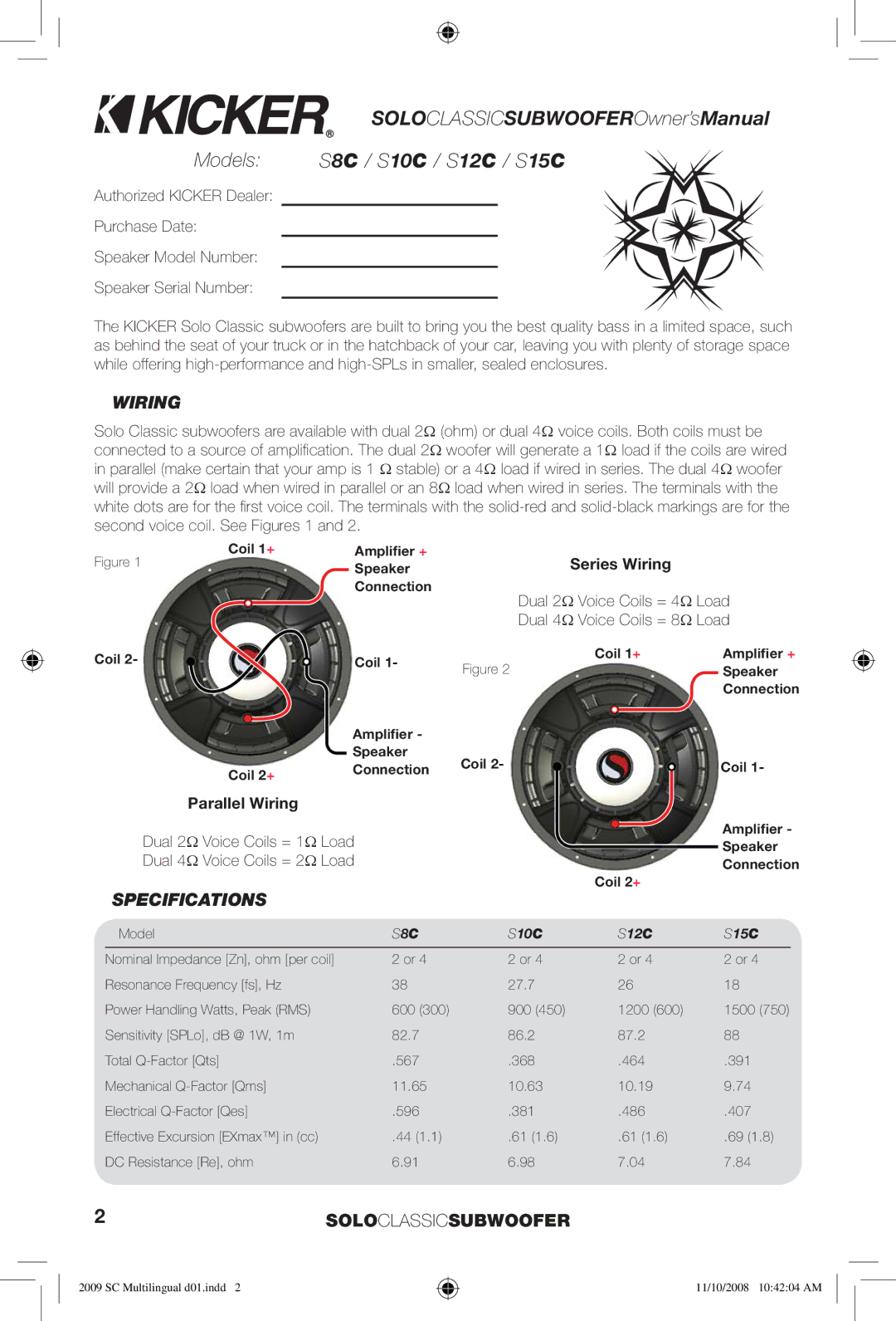 Kicker S8C manuel dutilisation Specifications, Series Wiring, Parallel Wiring, S10C S12C S15C 