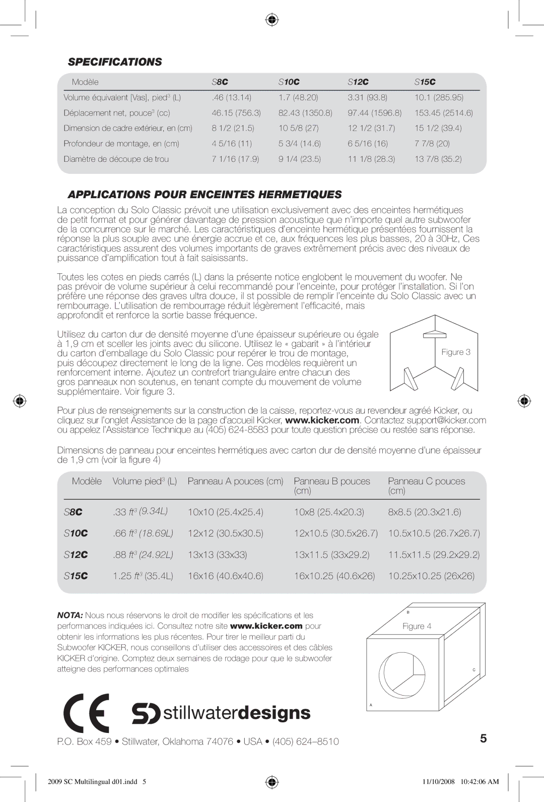 Kicker S10C, S12C, S8C, S15C manuel dutilisation Stillwaterdesigns a, Applications Pour Enceintes Hermetiques 