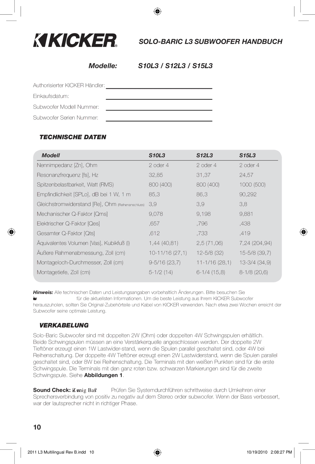 Kicker owner manual Modelle S10L3 / S12L3 / S15L3, Technische Daten, Verkabelung 