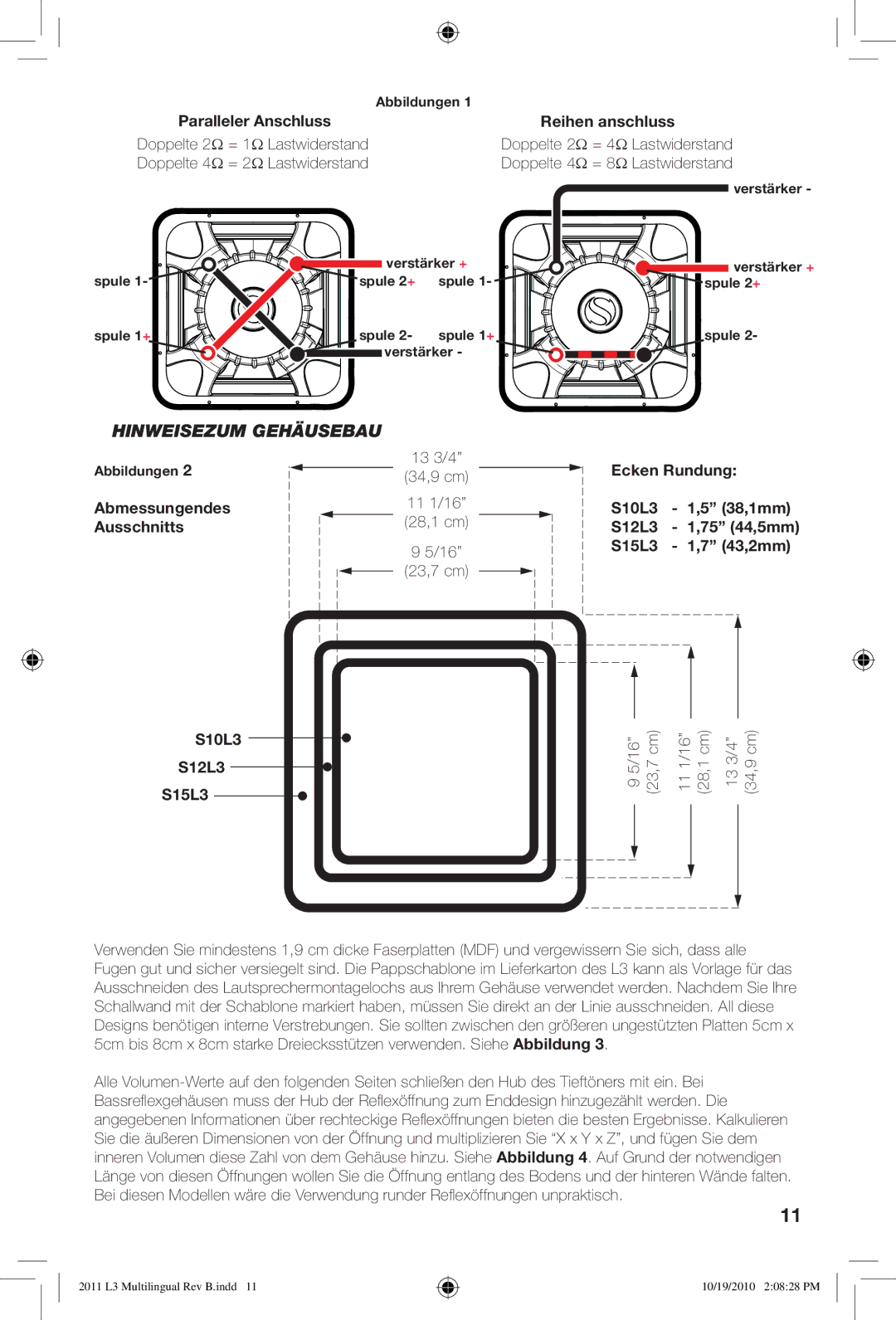 Kicker S15L3, S12L3, S10L3 owner manual Hinweisezum Gehäusebau 