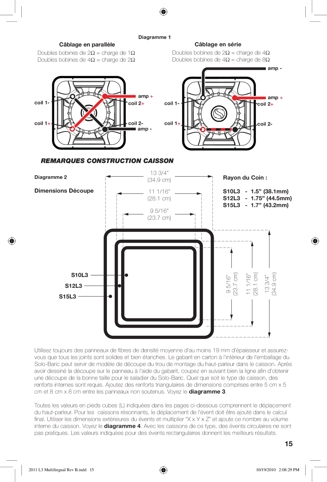 Kicker S12L3, S10L3, S15L3 Remarques Construction Caisson, Câblage en parallèle, Câblage en série, Dimensions Découpe 