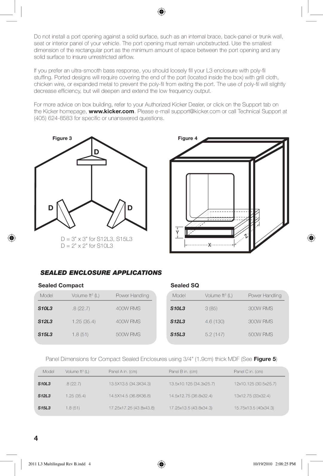 Kicker S10L3, S12L3, S15L3 owner manual Sealed Enclosure Applications, Sealed Compact Sealed SQ 