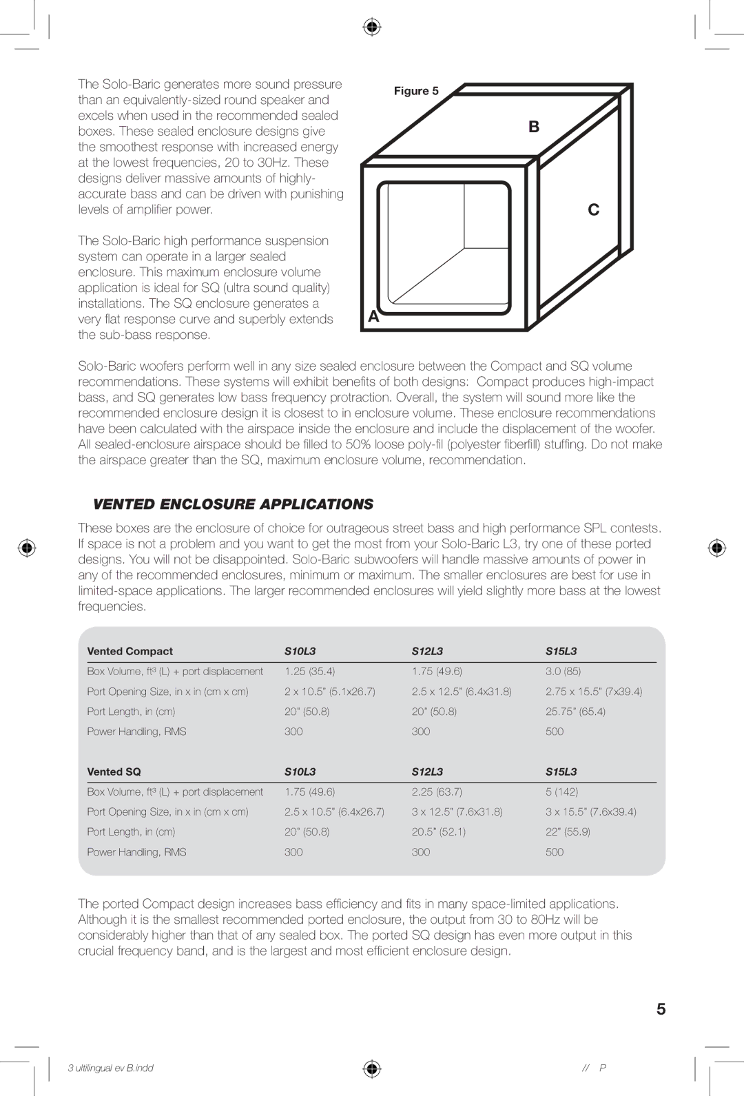 Kicker owner manual Vented Enclosure Applications, S10L3 S12L3 S15L3 