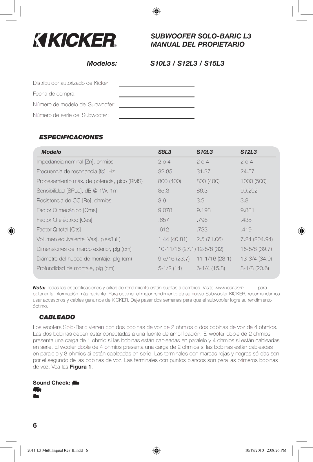 Kicker owner manual Modelos S10L3 / S12L3 / S15L3, Especificaciones, Cableado 
