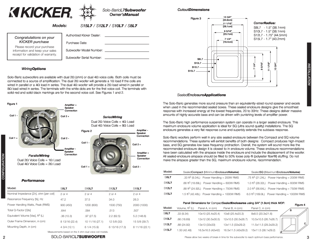 Kicker S15L7 SOLO-BARICL7SUBWOOFER, Congratulations on your KICKER purchase, SealedEnclosureApplications, CutoutDimensions 