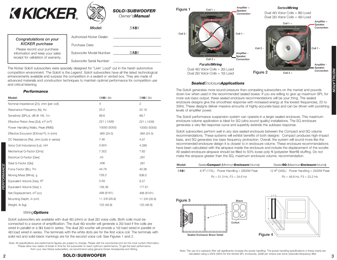 Kicker S18X warranty Solo Xsubwoofer, Performance, SealedEnclosureApplications, WiringOptions 