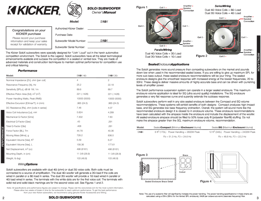 Kicker S18X Soloxsubwoofer, Congratulations on your KICKER purchase, Model, Performance, SealedEnclosureApplications 