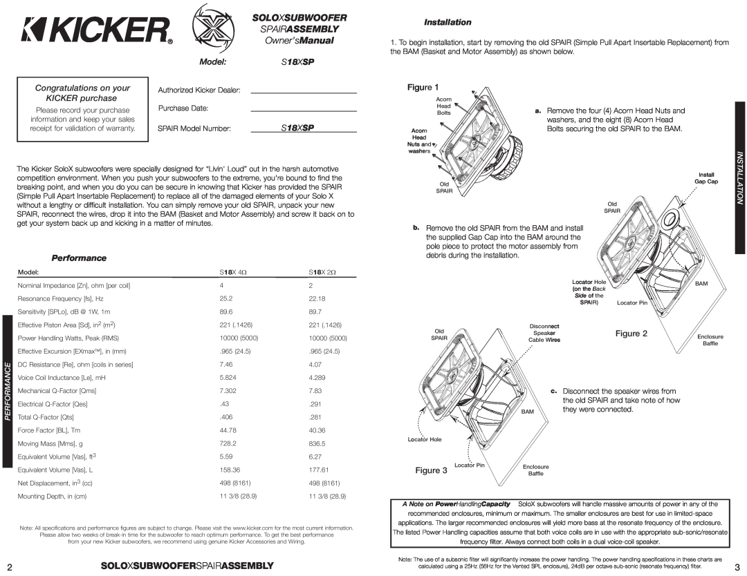 Kicker S18XSP manual 2SOLOXSUBWOOFERSPAIRASSEMBLY, Soloxsubwoofer, Owner’sManual, Spairassembly, Installation, Performance 