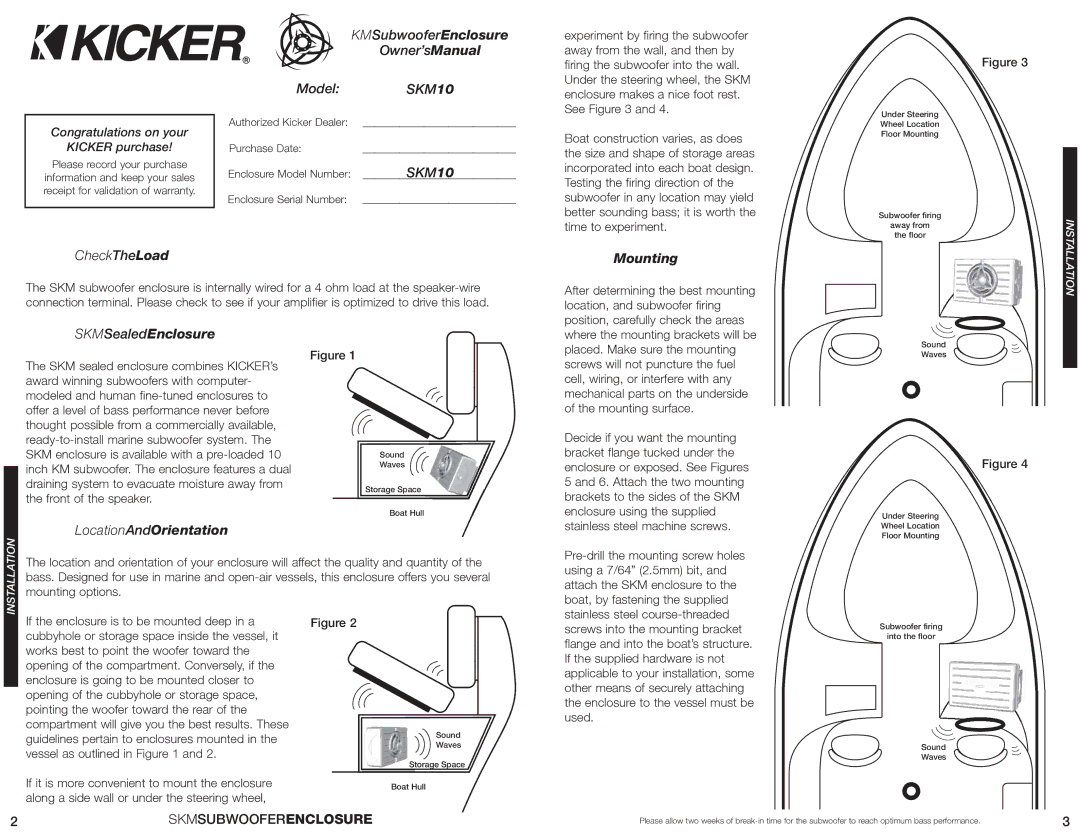 Kicker SKM10 manual 2SKMSUBWOOFERENCLOSURE 