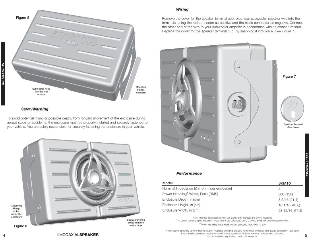 Kicker SKM10 manual SafetyWarning, Kmcoaxialspeaker, Wiring, Performance, Model 