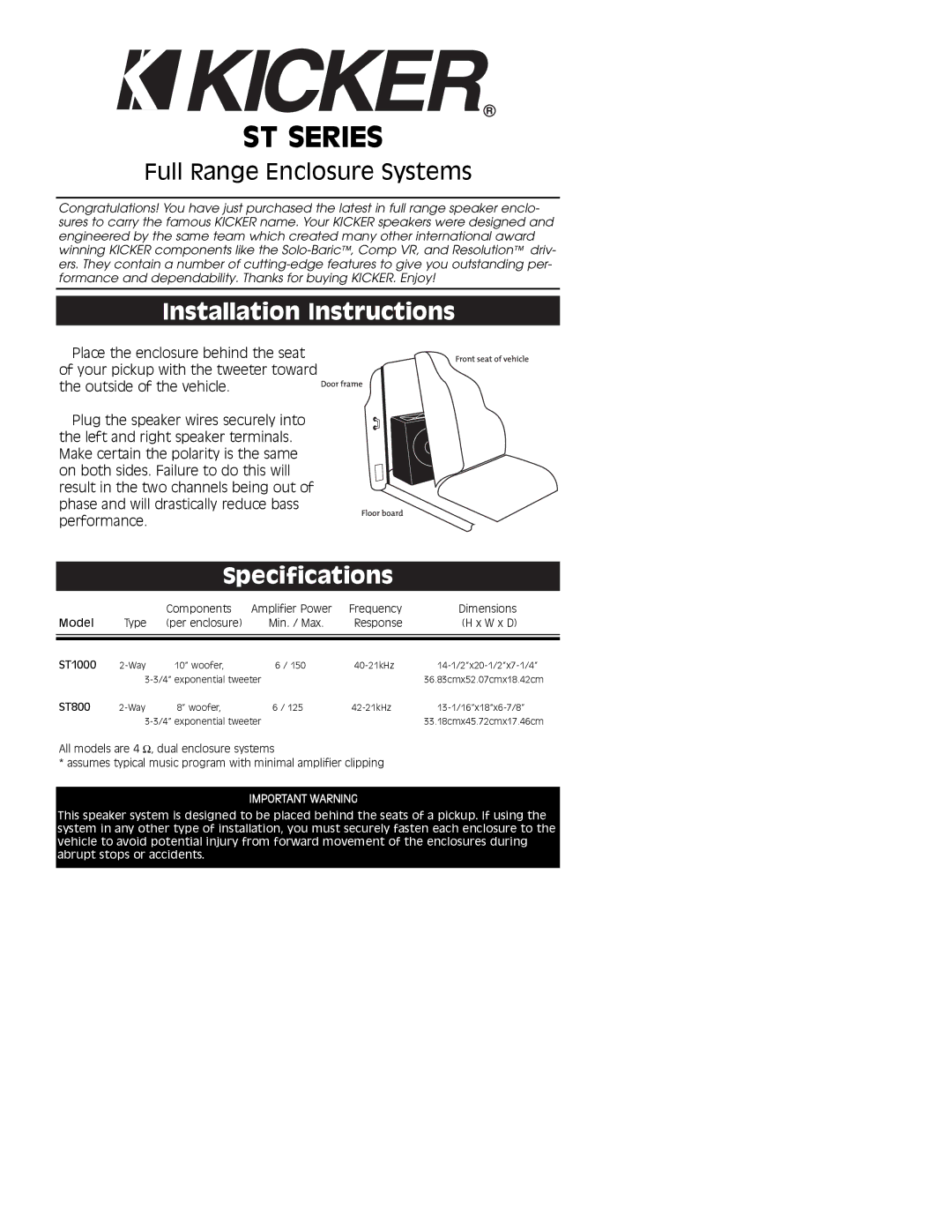 Kicker ST1000, ST800 installation instructions Installation Instructions, Specifications 