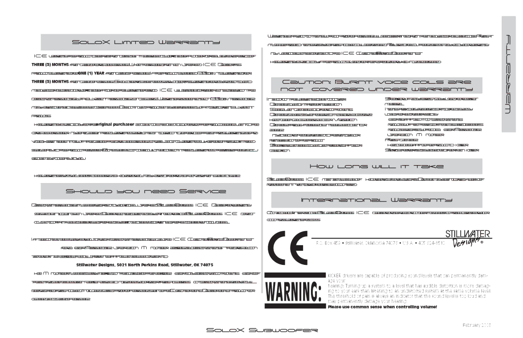 Kicker SUBWOOFER SOLOX manual SoloX Limited Warranty 