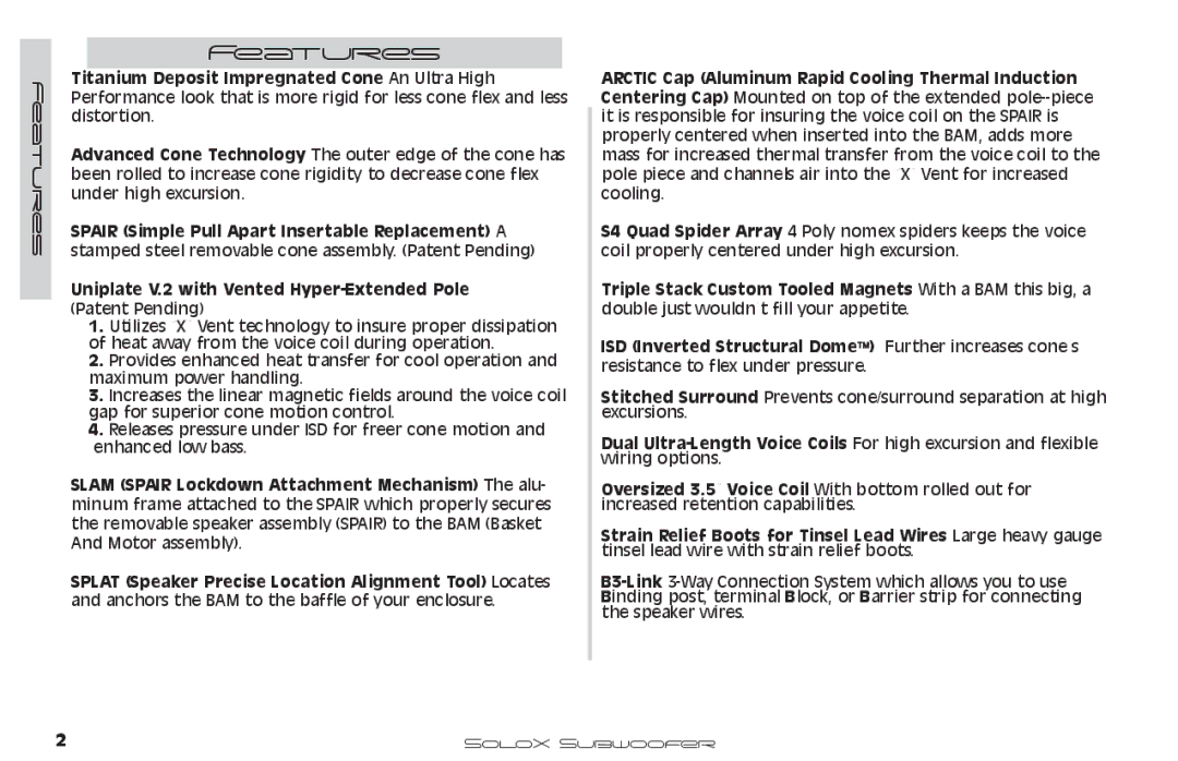 Kicker SUBWOOFER SOLOX manual Features 