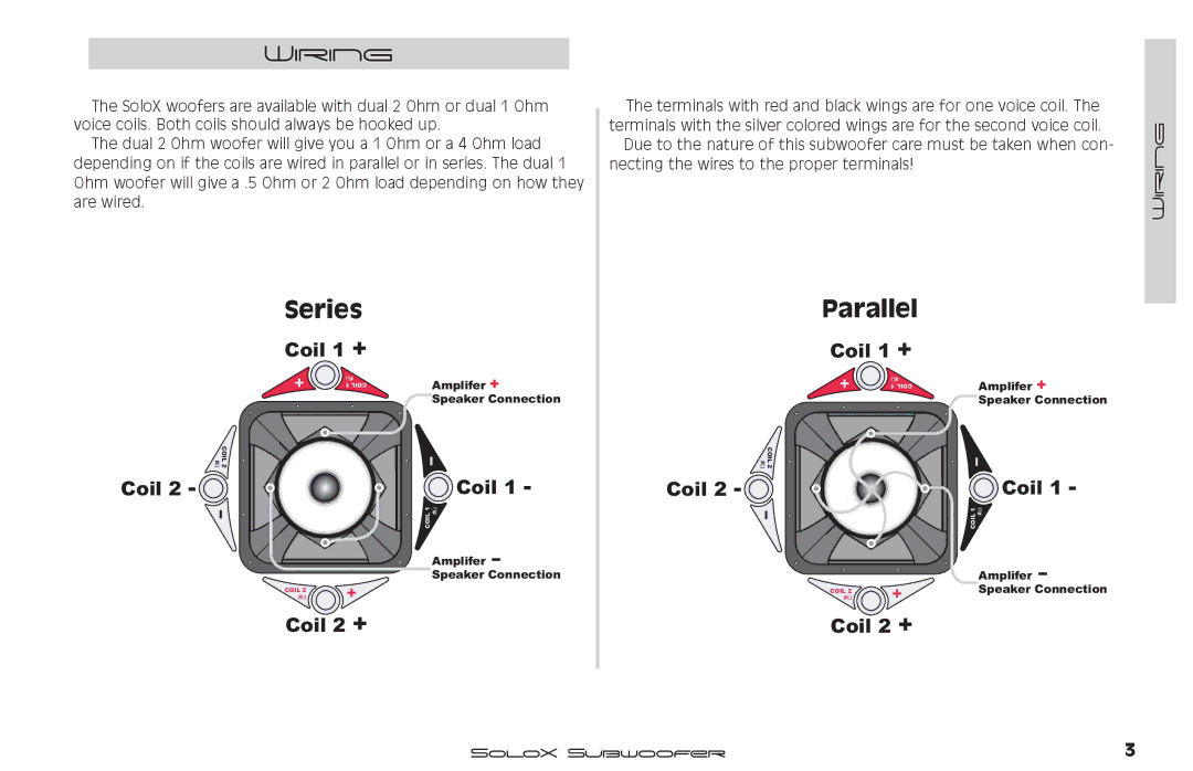 Kicker SUBWOOFER SOLOX manual Wiring 