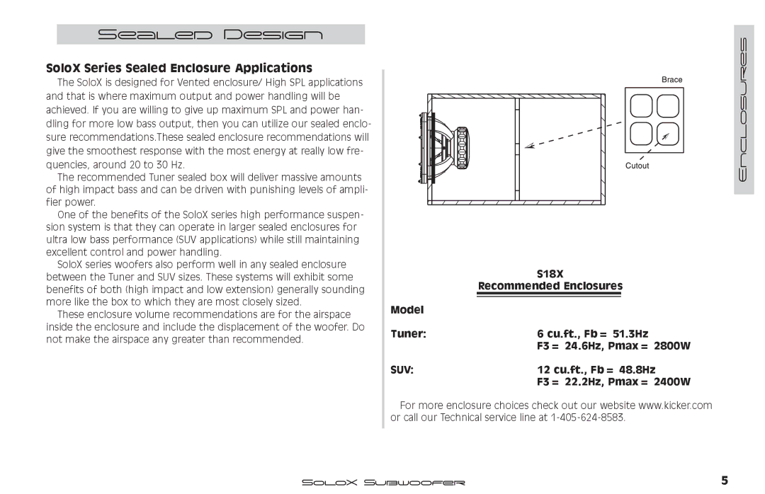 Kicker SUBWOOFER SOLOX manual Sealed Design, Enclosures 