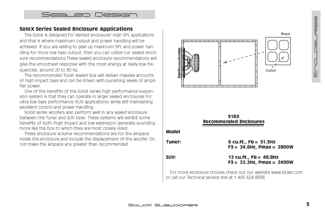 Kicker SUBWOOFER SOLOX manual Sealed Design, SoloX Series Sealed Enclosure Applications 