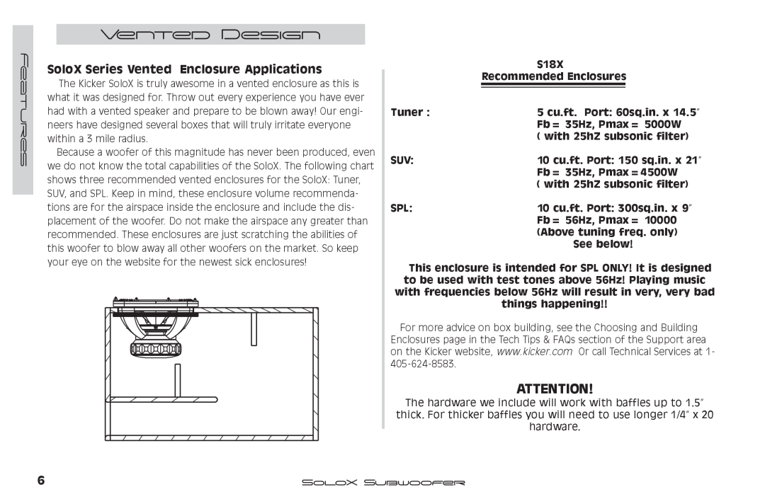 Kicker SUBWOOFER SOLOX manual Vented Design, SoloX Series Vented Enclosure Applications 