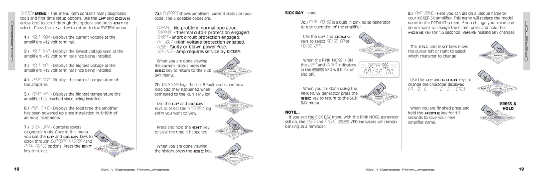 Kicker SX1250.1, SX650.1 manual Noise OFf, C...1, 2, 3...etc, Sick BAY, ESC key to return to the Sick ESC, Press 