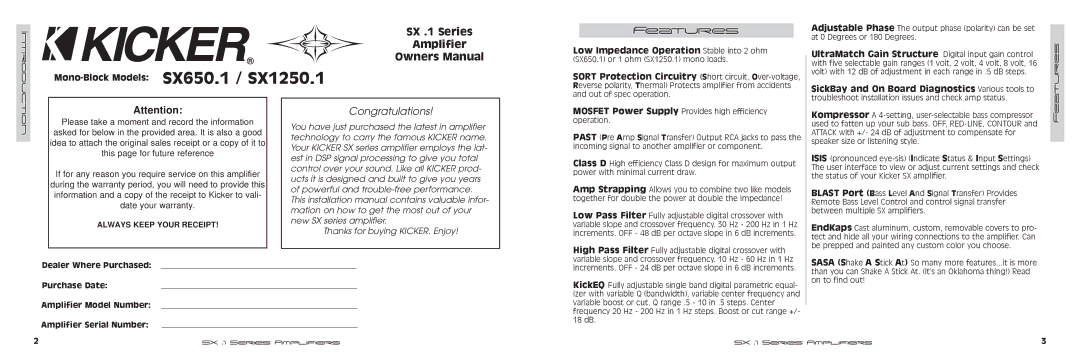 Kicker manual SX650.1 / SX1250.1, Features 