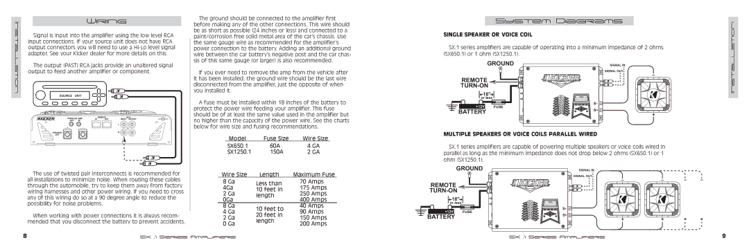 Kicker SX650.1 manual Wiring, Installation, Single Speaker or Voice Coil, Multiple Speakers or Voice Coils Parallel Wired 