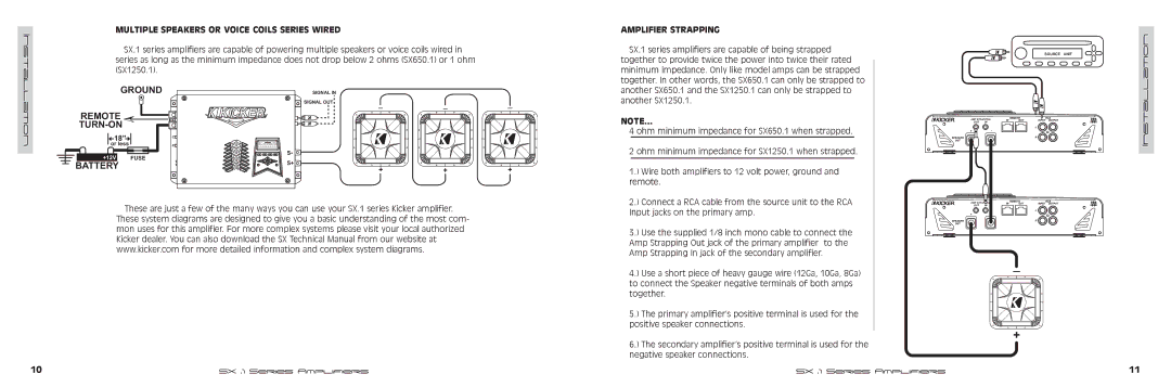 Kicker SX1250.1, SX650.1 manual Multiple Speakers or Voice Coils Series Wired, Amplifier Strapping 