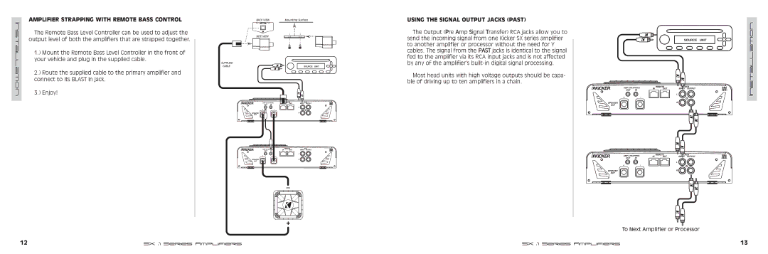 Kicker SX650.1, SX1250.1 manual Amplifier Strapping with Remote Bass Control, Using the Signal Output Jacks Past 